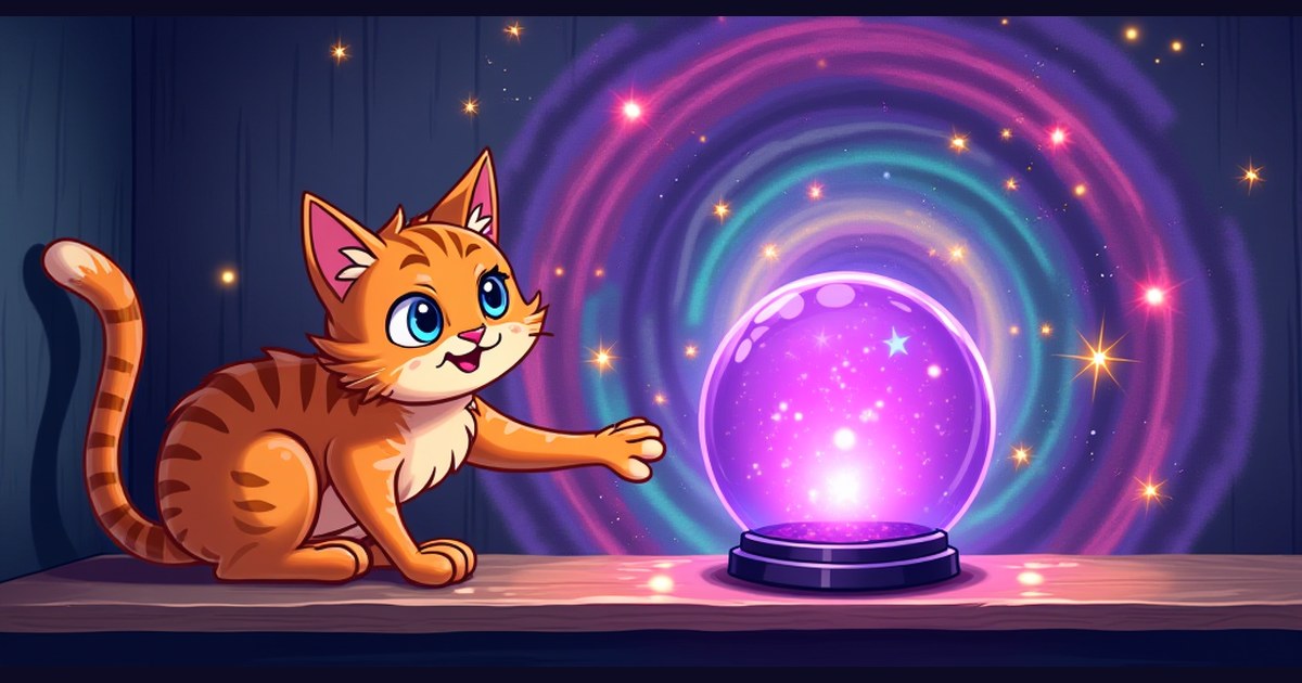 An orange tabby cat reaches a paw toward a glowing purple crystal globe in front of a swirling dimensional rift.